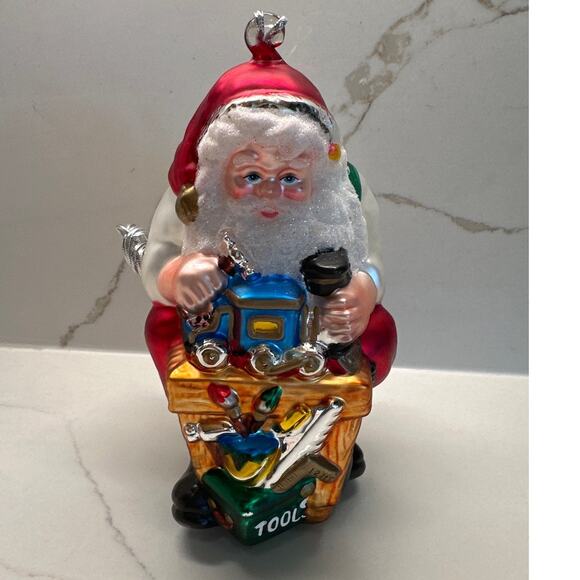Vintage NEW Oversized Hand Blown Mercury Glass Santa Workbench Ornament - Picture 1 of 8
